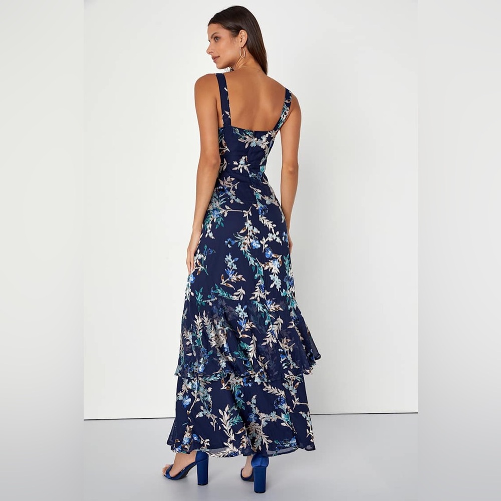 $98 NWT Lulus Stunning Sweetness Navy Blue Floral Burnout Maxi Dress XS - Picture 4 of 6
